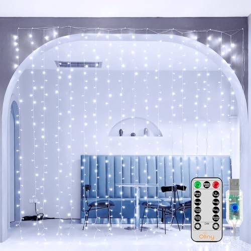 Ollny 300 LED 9.8ftx9.8ft Outdoor Waterproof Christmas Curtain Lights with Remote Timer 8 Modes, USB Powered, Cool White - color: Cool White, size: 300 LED