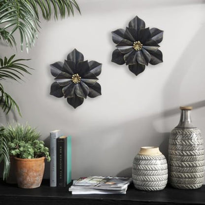 Metal Flower Wall Sculpture,12.5" Black Grey Rustic Modern Floral Artwork - color: 01C-Black