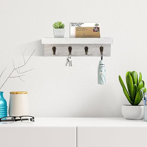 Key Holder Wall Mount, Farmhouse Wall Shelf with 4 Hooks for Entryway - color: White
