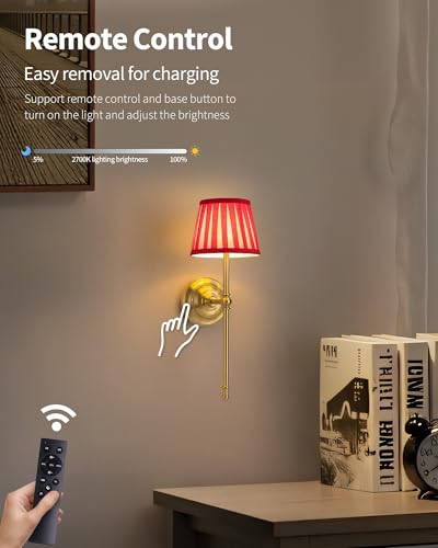 KDG Gold Cordless Wall Sconces Set of 2, Red Fabric LED Wall Lamps - color: Gold + Red Lampshde (2 Pack)