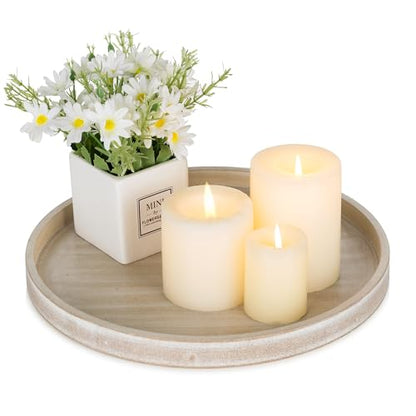 Hanobe Candle Plate Holder Tray: Whitewash Round Wood Candle Plate Decorative Centerpiece Small Tealight Pillar Trays for Living Room Dining Coffee Table Home Decor