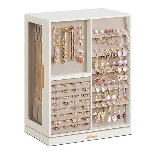 SONGMICS GISELLA Collection - Jewelry Box 360° Rotating, Jewelry Storage Case with 7 Drawers, Jewelry Organizer, Glass Window, Open Design, Great Gift, Light Warm White and Light Camel UJBC201W01 - color: Cloud White, size: 7 Drawers (6.3"d X 8.7"w X 13"h