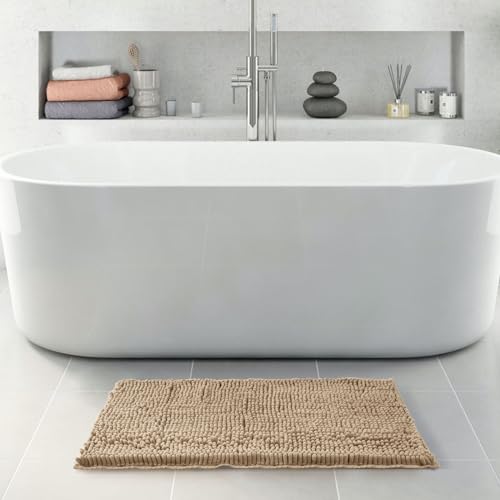 FRESHMINT Chenille Bathroom Rugs Non-Slip Bath Mat 32”x20”, Washable Soft Shower Mat, for Bathroom Floor & Tub Fluffy Shaggy Rug, Durable Thick Water Absorbent Microfiber Plush Rugs, Light Brown - color: Light Brown, size: 1'8" x 2'8" (Rectangular)