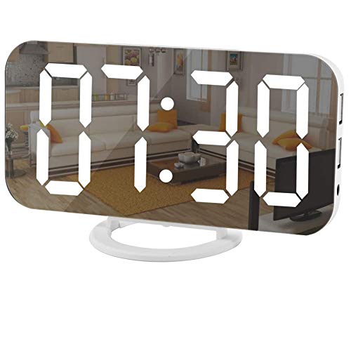 SZELAM Digital Clock Large Display, LED Electric Alarm Clocks Mirror Surface for Makeup with Diming Mode, 3 Levels Brightness, Dual USB Ports Modern Decoration for Home Bedroom Decor-White (001) - color: White
