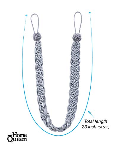 Home Queen Hand Braided Curtain Tie Back, 4 Rope Belt Curtain Tie with 4 Metal Hooks, Grey - color: Grey, size: 4 Pack