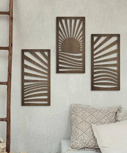 Putuo Decor 중세 목재 모던 벽 아트 3개 세트, 일출 풍경 벽 장식 자연에서 영감을 받은 기하학적 아트워크, 거실, 침실, 입구용, 다크 브라운 모던 벽 조각 - color: 선라이즈 웨이브