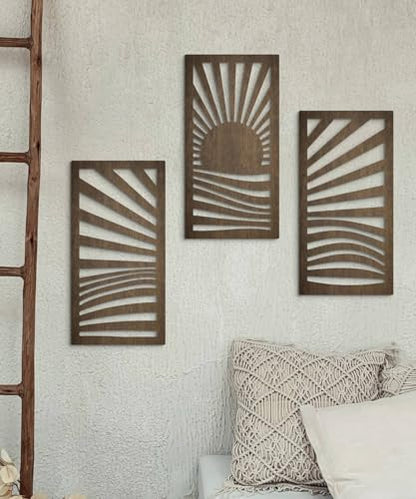 Putuo Decor 중세 목재 모던 벽 아트 3개 세트, 일출 풍경 벽 장식 자연에서 영감을 받은 기하학적 아트워크, 거실, 침실, 입구용, 다크 브라운 모던 벽 조각 - color: 선라이즈 웨이브