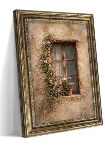 Gold Framed Wall Art, French Vintage Wall Decor Painting, Country Window with Roses Poster Print, Farmhouse Bonsai Flowers Canvas Picture for Living Room Bedroom Home Decor 12x16in - color: Rustic Window Roses, size: 16"L x 12"W