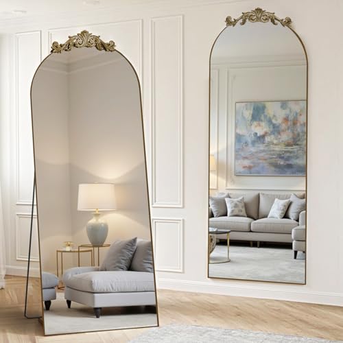 MISSDAY Vintage Baroque Full Length Mirror, 65"X24" Antique Large Arched Full Body Mirror Freestanding with Carving Top, Full Metal Frame Stand Up Retro Mirrors for Bedroom Living Room, Bronze - color: Bronze, size: 65"L x 24"W
