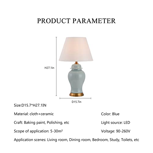 Blue Ceramic Table Lamp, Nordic Bedside Lamp Gold Metal Bracket Base with White Fabric Lampshadetable Lamps for Living Room Bedroom Study Hotel