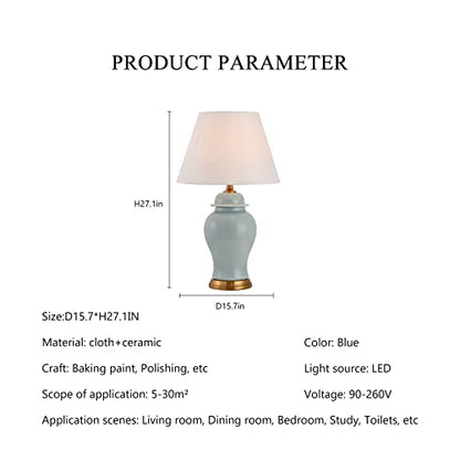 Blue Ceramic Table Lamp, Nordic Bedside Lamp Gold Metal Bracket Base with White Fabric Lampshadetable Lamps for Living Room Bedroom Study Hotel