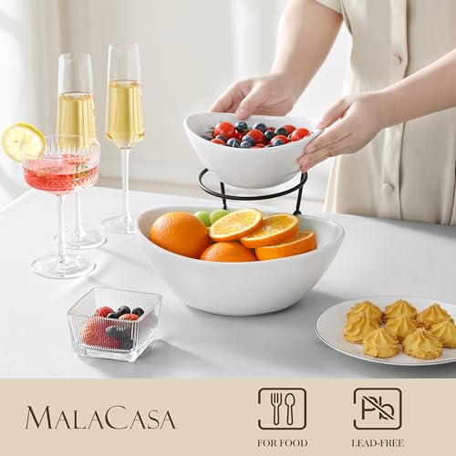 MALACASA 2 Tier Chip and Dip Serving Set with Metal Stand,Ceramic Appetizer Bowls for Party, Multi-Use Food Display for Fruits, Snacks,White Elegant Tiered Serving Dishes for Party - color: White