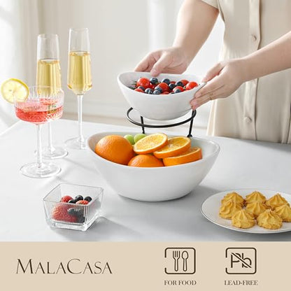 MALACASA 2 Tier Chip and Dip Serving Set with Metal Stand,Ceramic Appetizer Bowls for Party, Multi-Use Food Display for Fruits, Snacks,White Elegant Tiered Serving Dishes for Party - color: White