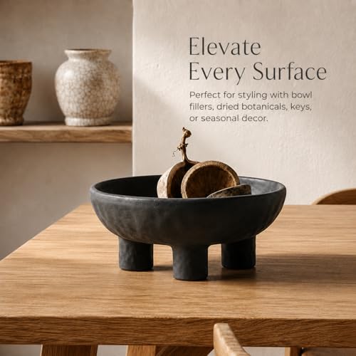 Black Concrete Decorative Bowl, 12 Inch Large Footed Bowl for Home Decor, Heavyweight Pedestal Bowl, Matte Black Centerpiece Bowl for Coffee Table, Shelf, Console, Entryway, Outdoor Styling