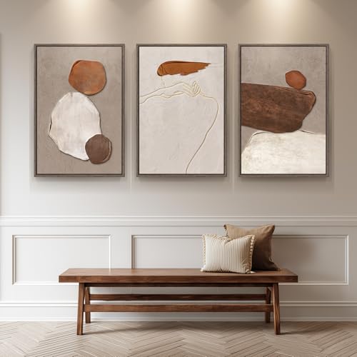 Large Framed Neutral Abstract Wall Art, Set of 3, Beige Brown, 24x36 In - color: Earthy, size: 24" W x 36" H x 3pcs