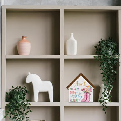 April Showers Bring May Flowers Decorations, Spring House Shaped Wood Block - color: April