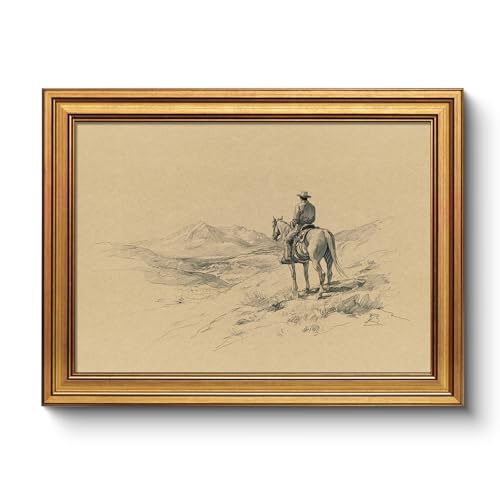Vintage Western Cowboy Wall Art 12x16 Inch Gold Framed Canvas Print - color: Cowboy Sketch, size: 16"L x 12"W