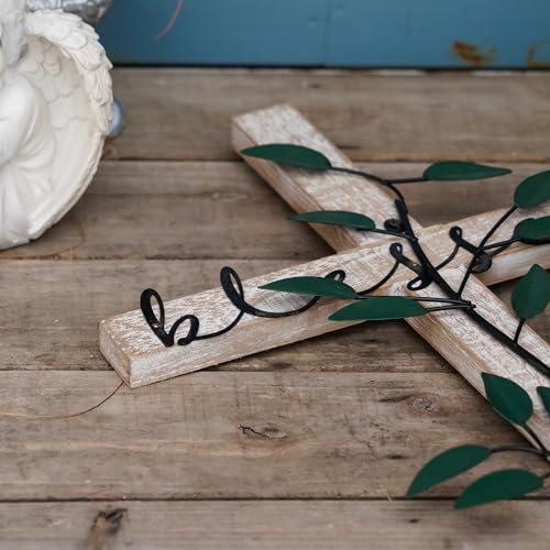 NIKKY HOME Wall Cross, Rustic Wooden Cross With Metal Leaves - color: Blessed