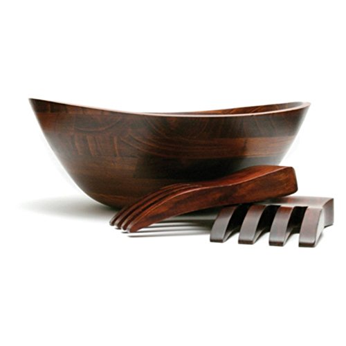 Lipper International Cherry Finished Wavy Rim Serving Bowl with 2 Salad Hands, Large, 13" x 12.5" x 5", 3-Piece Set - size: Large