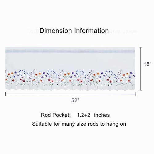 2PC PKT Floral Embroidery Curtain Valance, White Elegant Decorative Flowers Window Valances,Valances for Windows Living Room,Rod Pocket W52XL18 inch (Flowers) - size: 52"W x 18"L (Pack of 2)