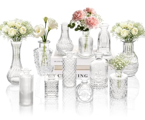 Clear Glass Bud Vase Set of 12 Pcs,Small Bud Vases in Bulk,Glass Crystal Flower Vases Table Centerpieces for Party Event Wedding Decor Baby Shower Decorations (Clear, 12 Pcs) - color: Clear, size: 12 Pcs
