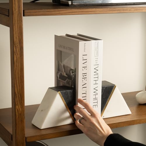 Cork & Mill Marble Bookends with Gold Brass, Grey and White, Set of 2