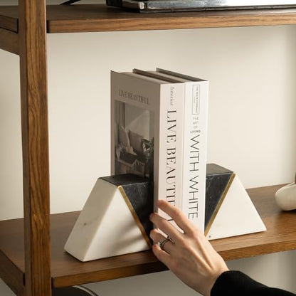 Cork & Mill Marble Bookends with Gold Brass, Grey and White, Set of 2