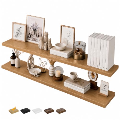 RICHER HOUSE 55 Inch Long Floating Shelves, 12" Deep Wood Wall Shelf, Oak - color: Oak, size: 55in