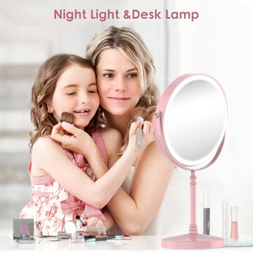 DEIOVWXS Makeup Mirror, Rechargeable Vanity Mirror with 3 Lights, 1X/10X - color: Pink