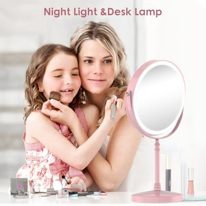 DEIOVWXS Makeup Mirror, Rechargeable Vanity Mirror with 3 Lights, 1X/10X - color: Pink