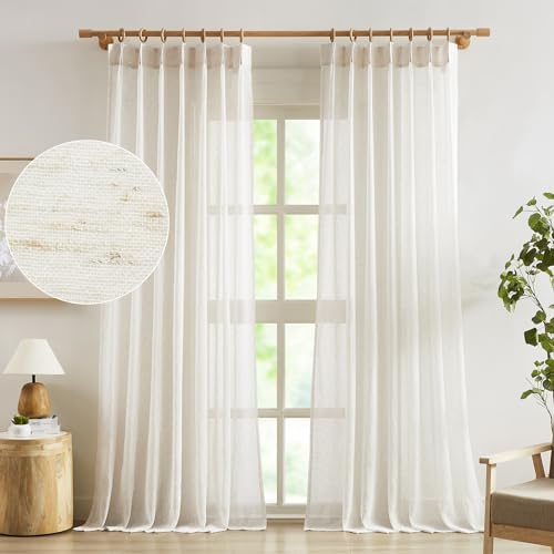 FMFUNCTEX Beige Linen Pinch Pleated Sheer Curtains, 108 Inches, 2 Panels - color: *Natural, size: 52"W x 108"L (Pack of 2)