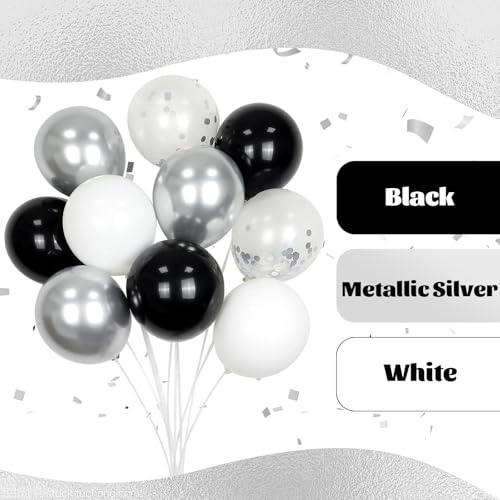 60pcs Black and Silver Balloons 12inch with Silver Confetti Balloons - color: Black White Silver