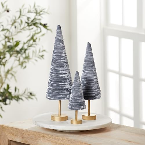 Silver Velvet Pedestals Set of 3, Elegant Mantle Decor, Platinum Home Accent, Handcrafted Farmhouse, Valentine Tabletop Tree, Elegant Entryway (Silver) - color: Silver