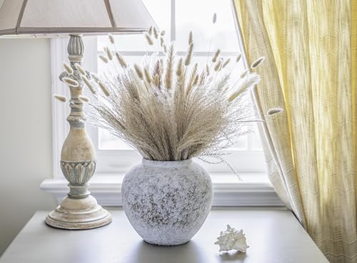 Rustic Textured Ceramic Vase, Round White Pottery Vase for Home Decor - color: Rustic White