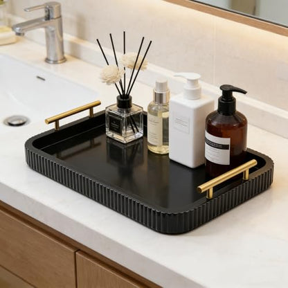 Rectangle Modern Wood Serving Tray with Metal Handles, High Gloss Black Finish, 16x12 Inch Coffee Table Ottoman Tray for Storage and Display (Black) - color: Black