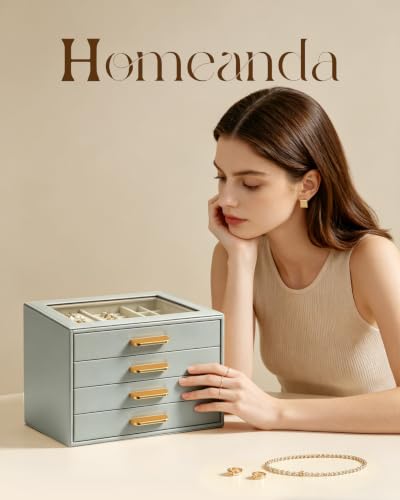Homeanda Jewelry Boxes Organizer with Glass Lid, 4-Layer PU Leather, Grey - color: Grey, size: 4 Layer