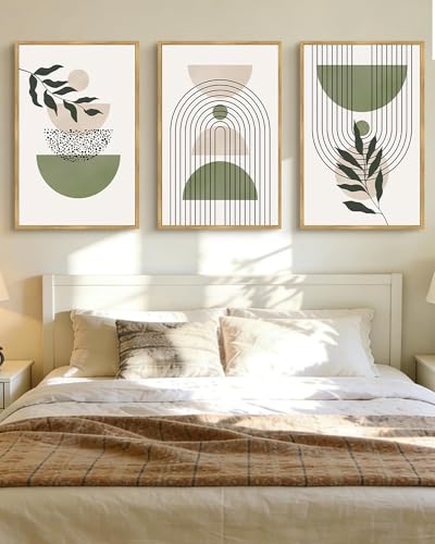 Drsoum Large 24x36in Green Botanical Boho Wall Art Framed Modern Sage Bohemian Wall Decor Abstract Geometry Lines Prints Ready to Hang Natural Framed - color: Green Bohemain, size: 24" x36" x3pcs, Natural Framed