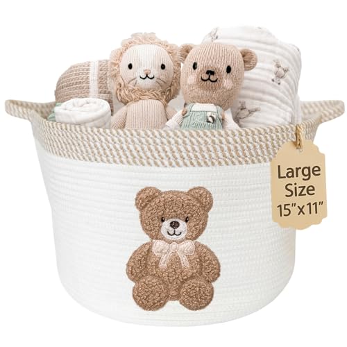 Teddy Bear Baby Storage Basket, Woven Cotton Rope Nursery Bin, 15x11 in - color: Neutral Teddy