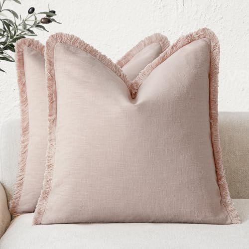 Foindtower Decorative Linen Fringe Throw Pillow Covers 16×16 Light Pink - color: Light Pink, size: 16" x 16" (Pack of 2)