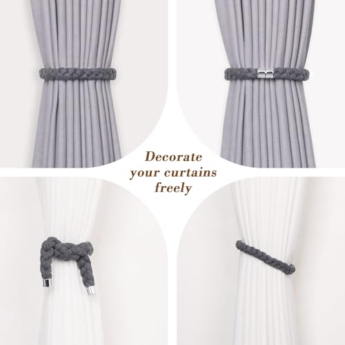 NICEEC 2 Pack Natural Cotton Rope Magnetic Curtain Tiebacks Elegant Twisted Braid Style Drape Tie Backs Soft Hand-Woven Rope Curtain Holdbacks for Home & Office Window Draperies (Dark Grey-01) - color: Dark Grey-01, size: 2 Pack