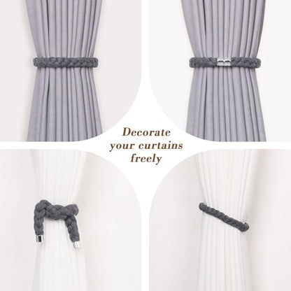 NICEEC 2 Pack Natural Cotton Rope Magnetic Curtain Tiebacks Elegant Twisted Braid Style Drape Tie Backs Soft Hand-Woven Rope Curtain Holdbacks for Home & Office Window Draperies (Dark Grey-01) - color: Dark Grey-01, size: 2 Pack