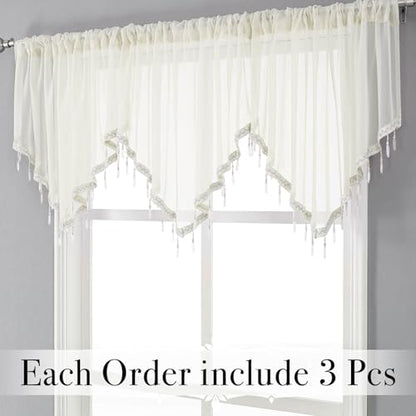 WUBODTI Ivory Sheer Beaded Valance Curtains Living Room Kitchen Windows - color: Ivory