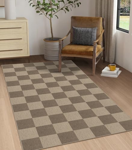 Rugalia Easy Jute Checkered Area Rug, 3x5 Indoor Outdoor Entryway Rug Washable Brown Checkerboard Kitchen Rugs, Non-Slip Modern Farmhouse Throw Carpet for Living Room Patio Kids Room - color: Brown Checkered, size: 3' x 5' (Rectangular)
