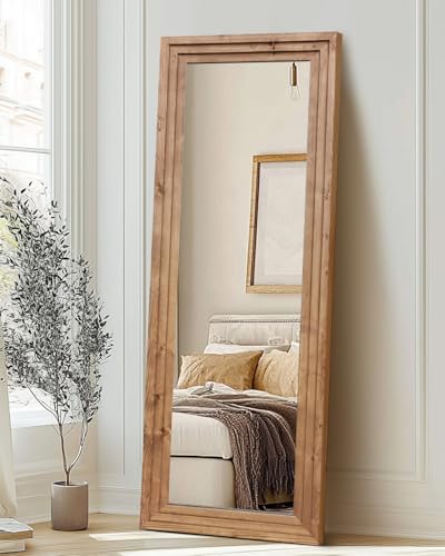 65x22in Full Length Mirror, 3-Tier Stepped Solid Wood Frame - color: Light Brown, size: 65"L x 22"W