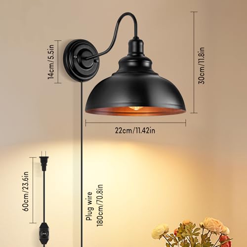 Lightess Plug in Wall Sconce with Dimmable Switch Black Barn Wall Lamp - color: Black with Plug-in Cord