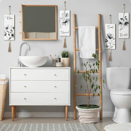 Qunclay 4 Pcs Boho Bathroom Wall Decor Relax Soak Unwind,Gray,Flower - color: Gray Flower