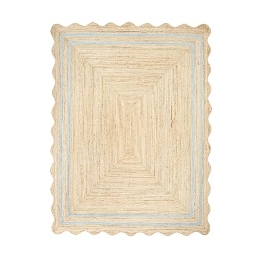 Wave Scalloped Jute Rug Entryway Natural Boho Area Rug Sky Blue 2'x4' - color: Sky Blue, size: 2'x4'