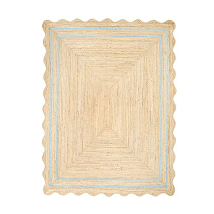 Wave Scalloped Jute Rug Entryway Natural Boho Area Rug Sky Blue 2'x4' - color: Sky Blue, size: 2'x4'