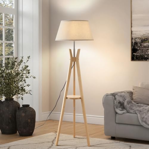 Tripod Floor Lamp with Shelf, 59'' Standing Lamps for Living Room - color: Natural
