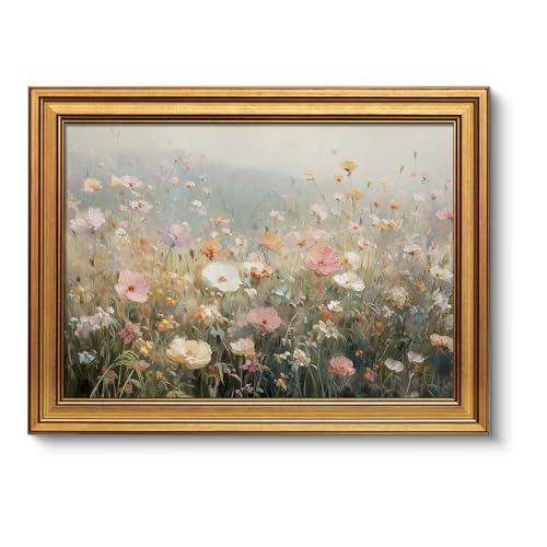 VIYYIEA Vintage Gold Framed Canvas Wall Art, Summer Wildflowers Decor, Decorations Wildflower Wall Paintings, Nature Landscape Picture Artwork Aesthetic for Living Room Bedroom Office, 12x16Inch - color: Morandi-Colored Flower, size: 16"L x 12"W